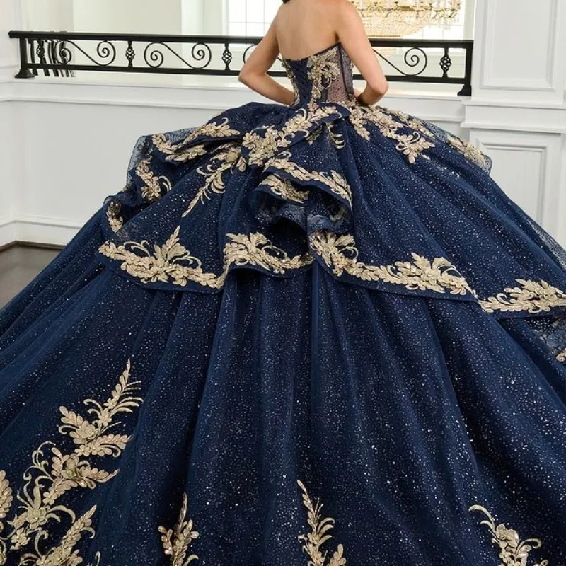 Navy Quinceanera Ball Gown with Floral Appliqués Beaded Crystal Corset