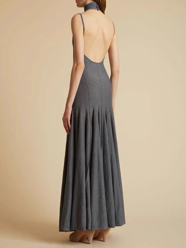 High Collar Grey Waist Wrap Sleeveless Dress with Large Open Back and Pleated  Long Skirt from Dhgate Basic & Casual Dresses - price 68.11
