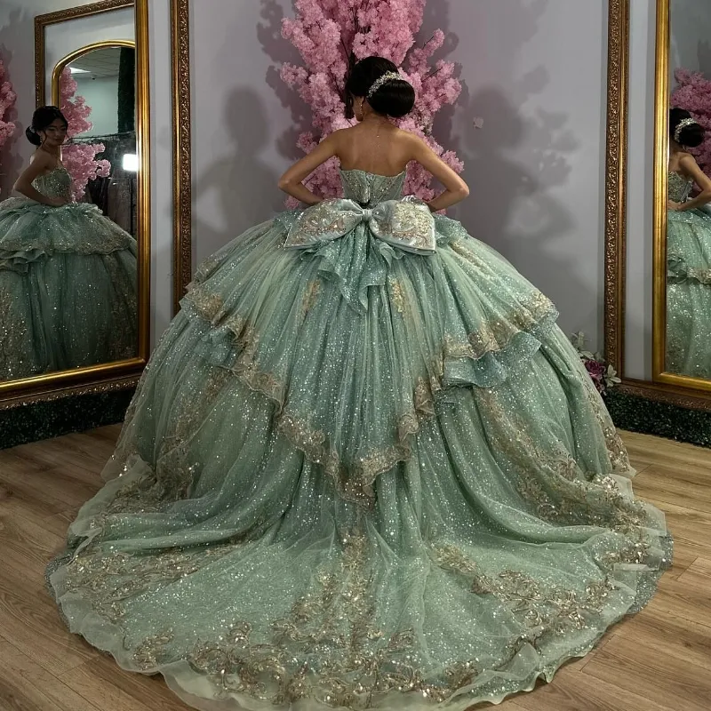 Sage Green Quinceanera Dress Floor-Length Tulle Ball Gown with Lace-Up Back  and Crystal Beading from Dhgate Quinceanera Dresses - price 315.3