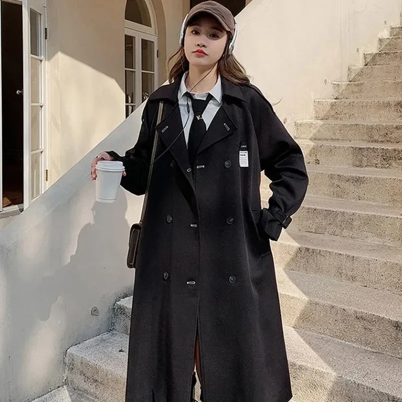 Economize muito em Jaqueta De Casaco De Trincheira Feminina Chique Feminino  De Comprimento Médio Black Trench Coat: Sobretudo Da Moda Coreana Para