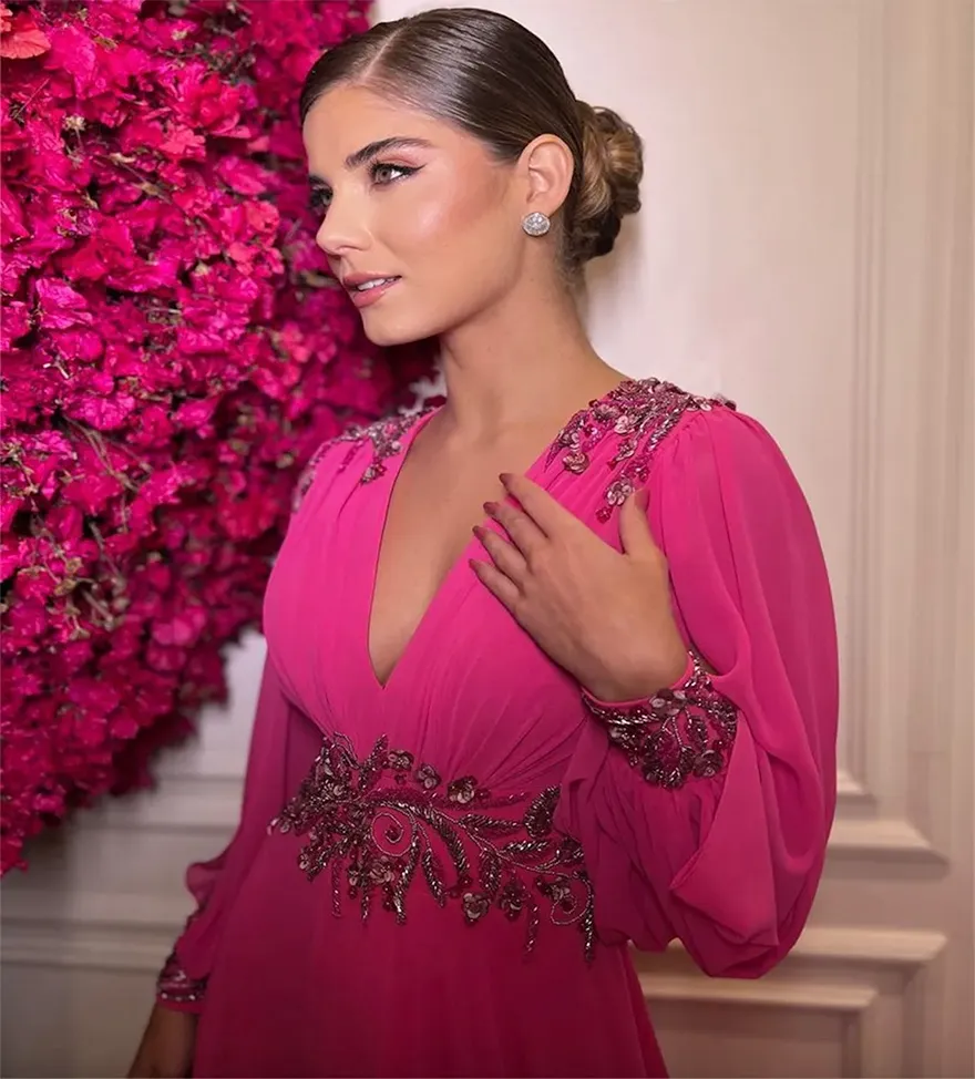Chiffon Fuchsia Backless Evening Dress with Beaded V-Neck and Puff Sleeves  Floor-Length Formal Gown from Dhgate Evening Dresses - price 91.25