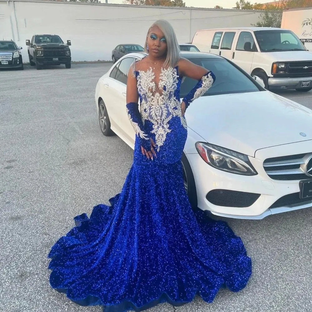 open lace back dress Blue Satin Long A-Line Prom Dress with Slit, Blue Evening Party Dress main image 0