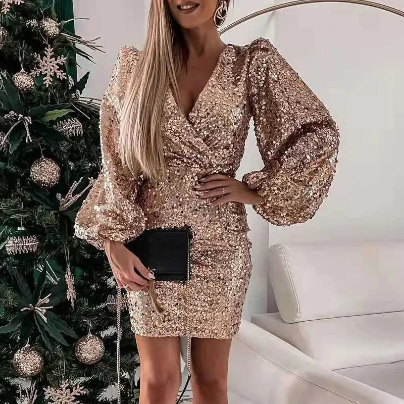 Elegant and Glittery Sequin Wrap Dress for Women