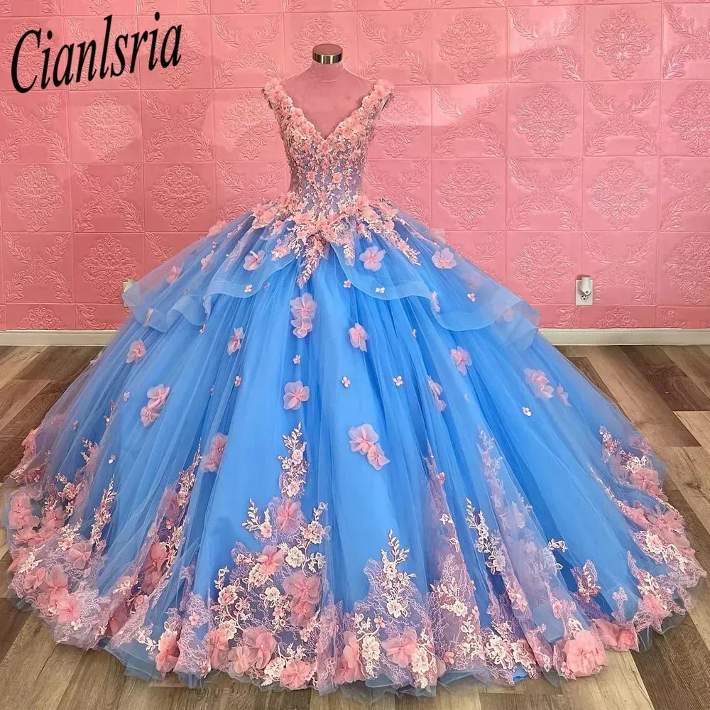 Sky Blue Quinceanera Dress Pink Lace Appliques Corset Up Sweet 16 Ball Gown