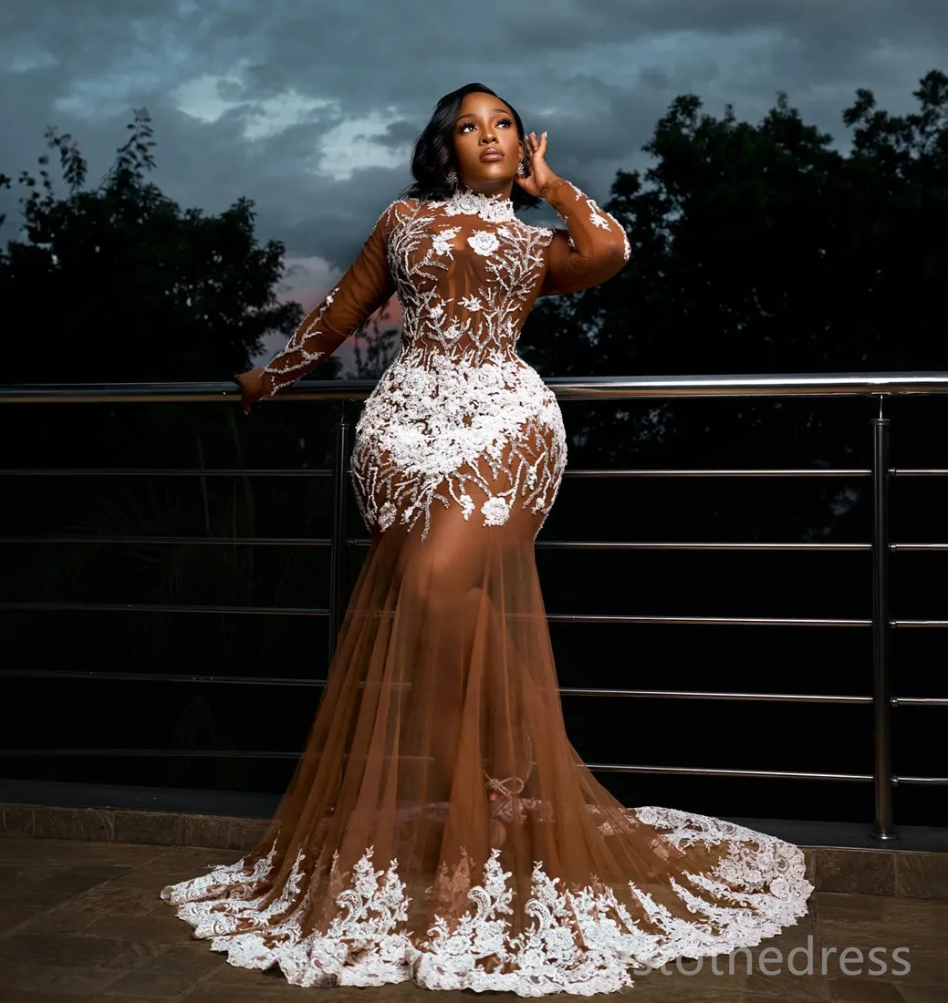 DHgate Elegant Plus Size Prom Dress Illusion Neckline Long Sleeves Appliques and Lace Wedding Party Events