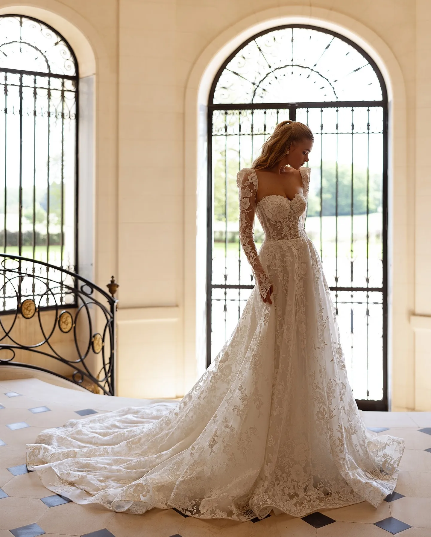 Princess Long sleeve bridal dress with Full Lace, Long Sleeves, Sheer Backless Design, and Sweep Train - Robe de Mariee