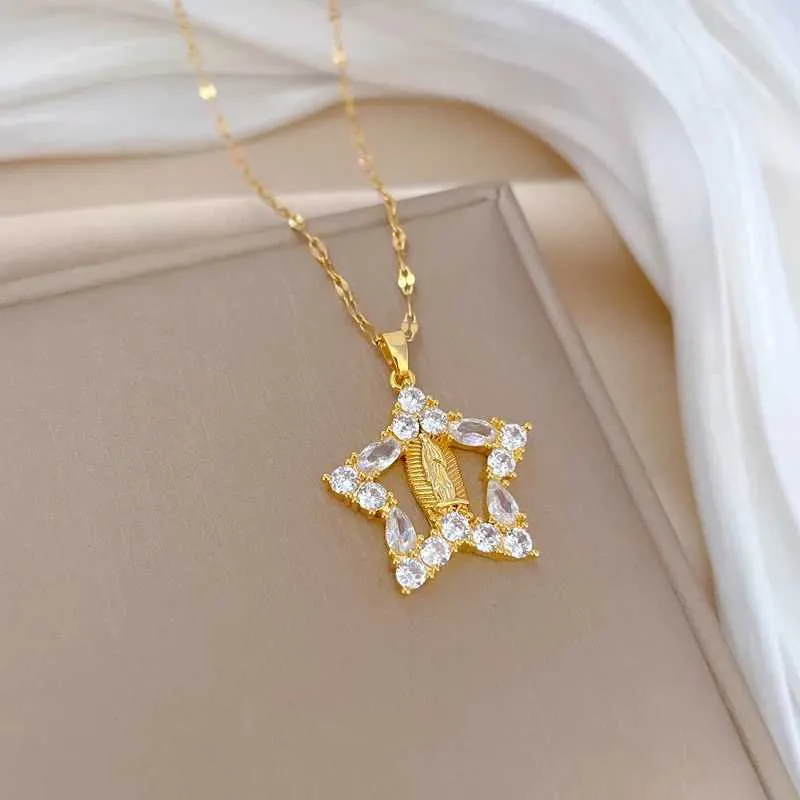 Obesek za ogrlice Modna Devica Marija Pentagram Svetloba Razkošna Temperament Čudovita Polna Diamantna Ogrlica Ženske_voghion.com