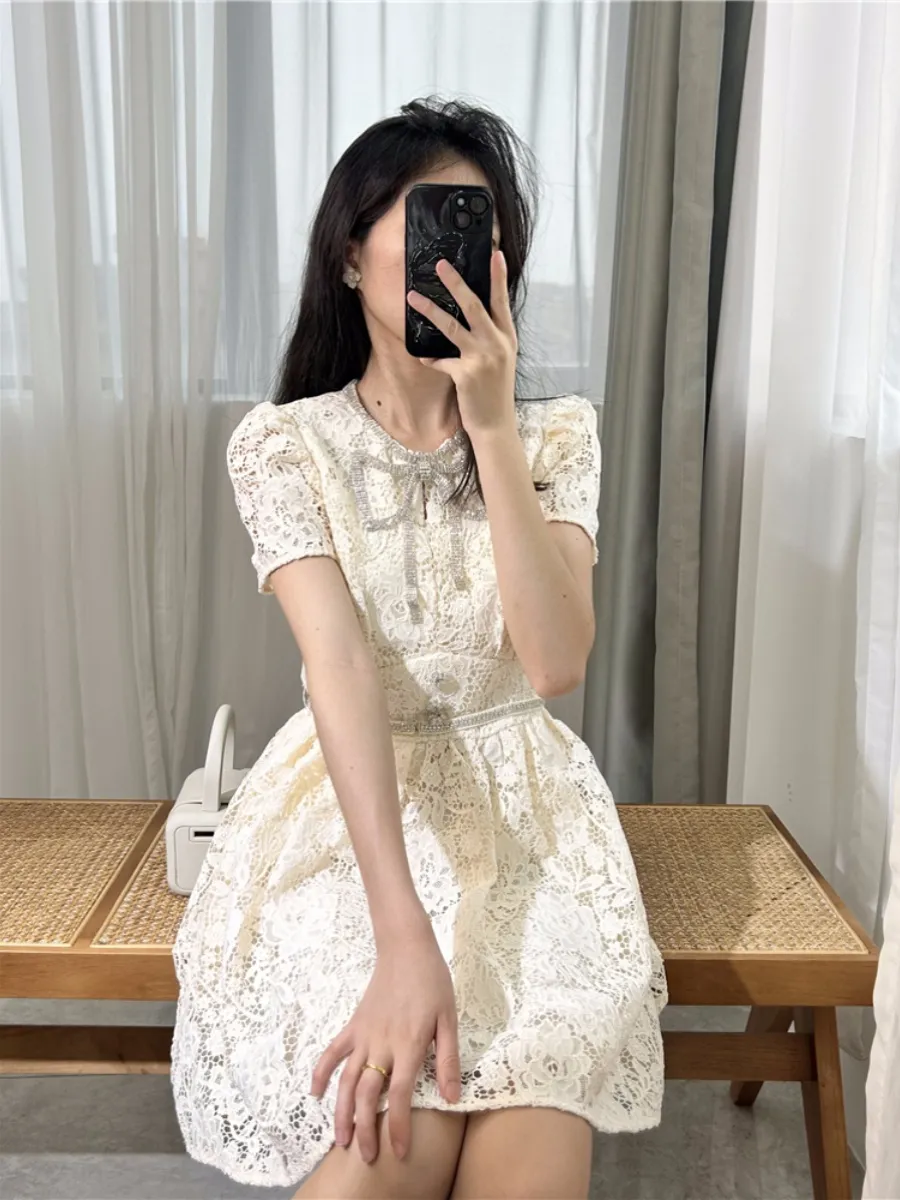 white short sleeve knee length dress White Short Sleeve Tea Length Dress by Ladivine CD0187W main image 0