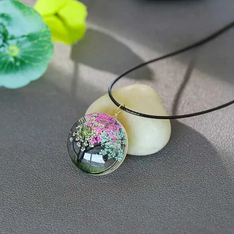 Pendant Necklaces Classic specimen time gem glass pendant sweater chain dried flower plant life bark rope necklace_voghion.com
