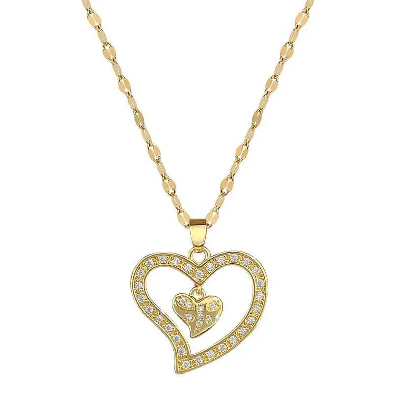 Double Heart Pendant Necklace Stainless Steel Minimalist Style_voghion.com