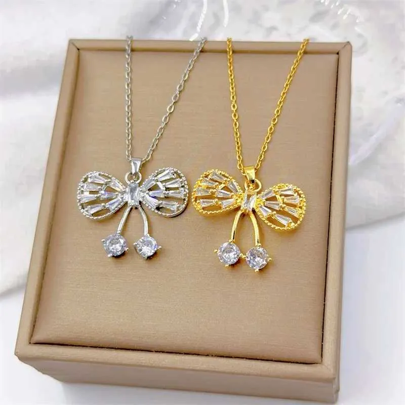 Collane con ciondolo Moda Ciondolo Cavo Nodo Fiocco Collana Classico Personalità Bianco Romantico Ciliegia Acciaio Inossidabile_voghion.com