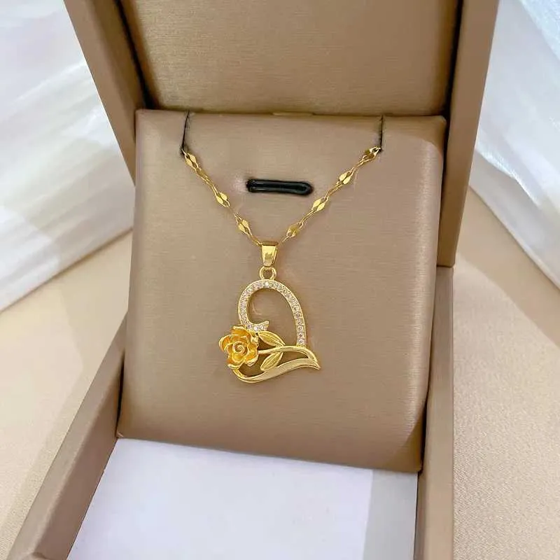 Colar com pingente de rosa em aço inoxidável elegante_voghion.com