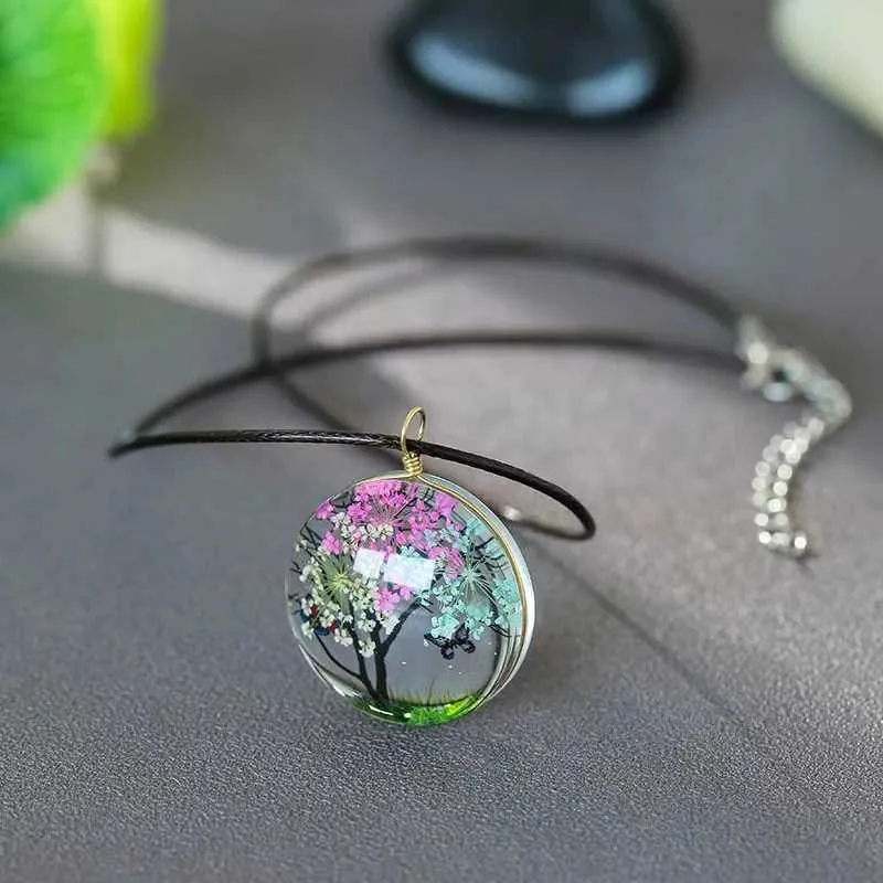 Pendant Necklaces Classic specimen time gem glass pendant sweater chain dried flower plant life bark rope necklace_voghion.com
