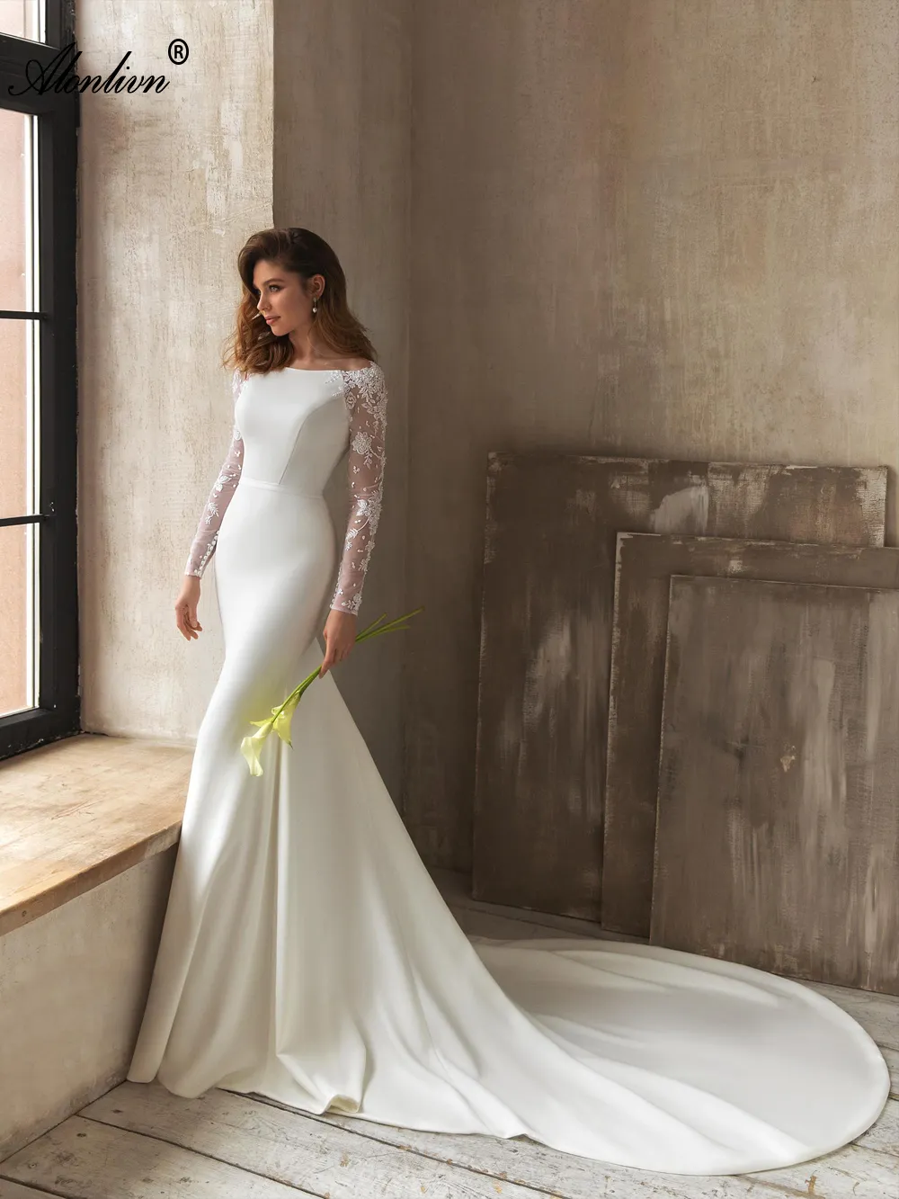 ruched trumpet wedding dress Elegant Simple Trumpet V Neck Ruched Soft Satin Wedding Dress with Slit Illusion Lace Train S3080W - Wedding Dresses