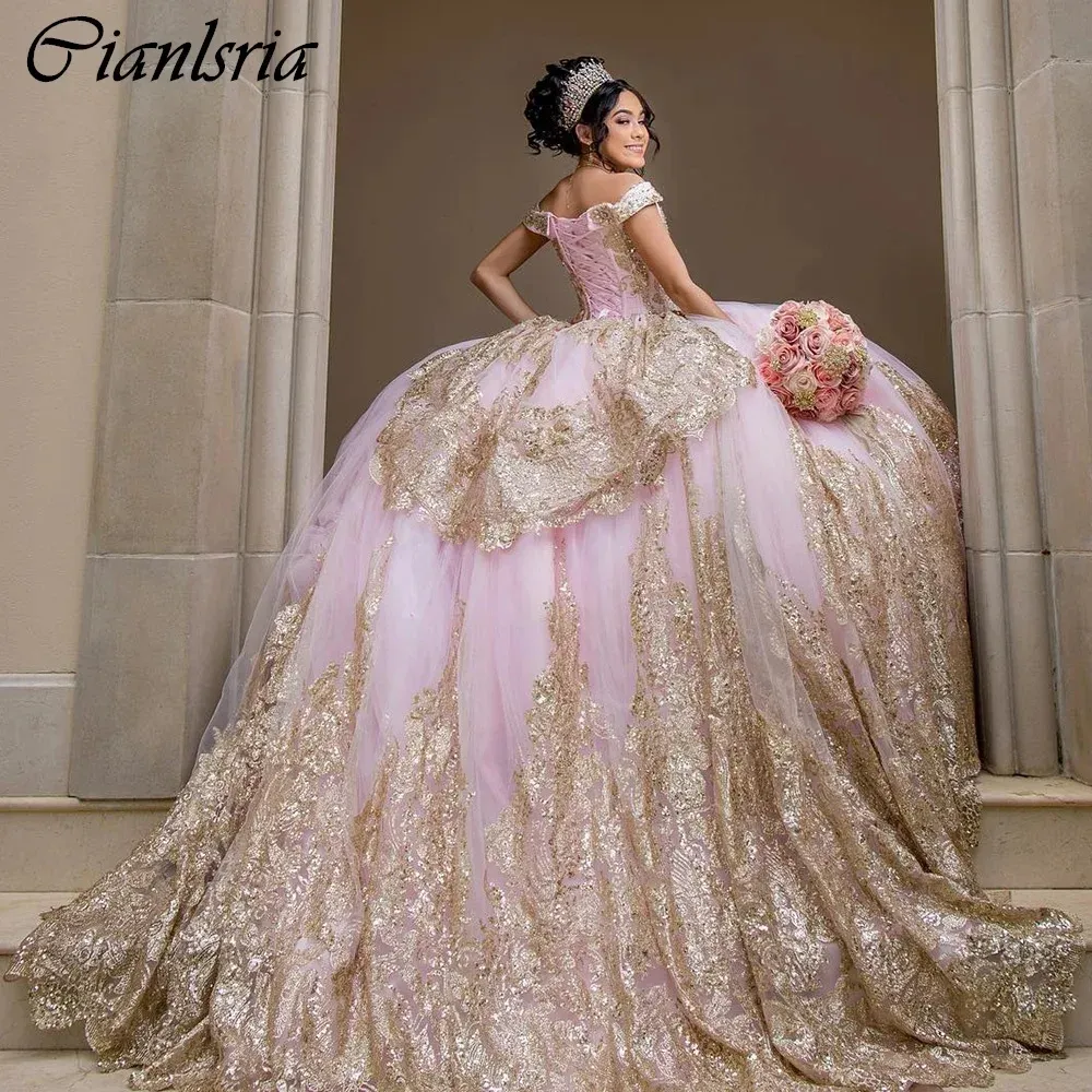 Pink Princess Off The Shoulder Ruffles Ball Gown Quinceanera Dress with  Gold Sequined Appliques and Lace-up Back