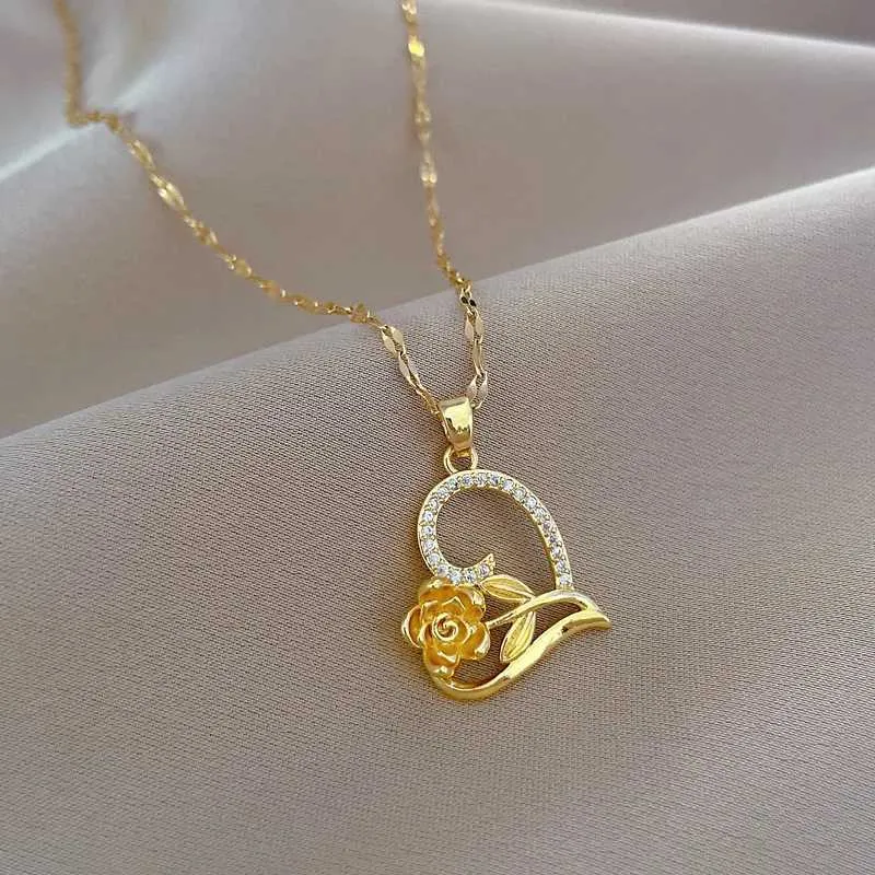 Colar com pingente de rosa em aço inoxidável elegante_voghion.com