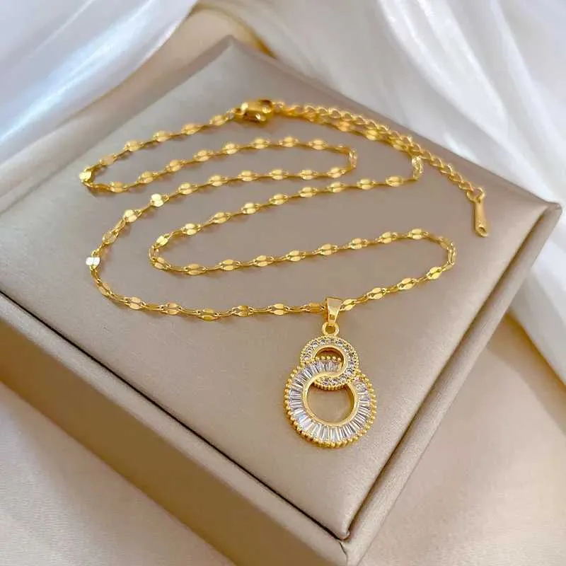 Coliere cu pandantiv din oțel inoxidabil, culoare aurie, colier cu cerc dublu, zircon cubic, 8 forme pentru femei, temperament simplu_voghion.com