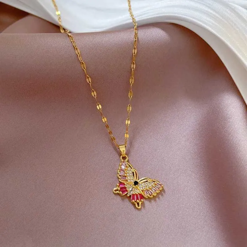 Collane in acciaio inossidabile elegante collana con ciondolo a farfalla con catena in strass per donna girocollo in cristallo scintillante_voghion.com