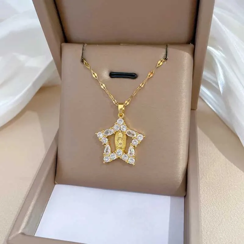 Obesek za ogrlice Modna Devica Marija Pentagram Svetloba Razkošna Temperament Čudovita Polna Diamantna Ogrlica Ženske_voghion.com