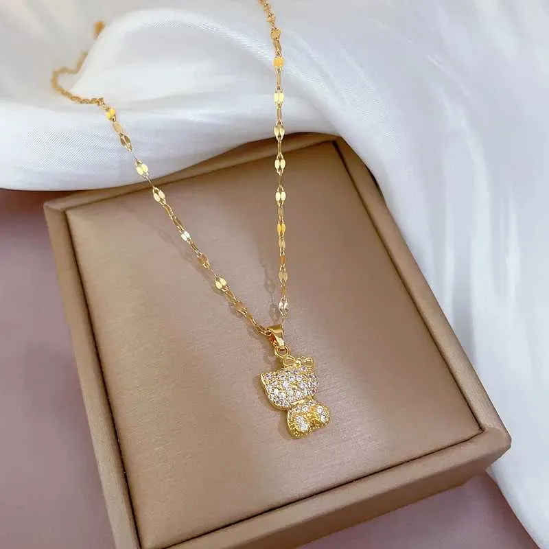 Necklaces Stainless Steel Gold Color Plated Pendant Supplies Micro Pave Zircon Beautiful Cat Bowknot Love Necklace For_voghion.com