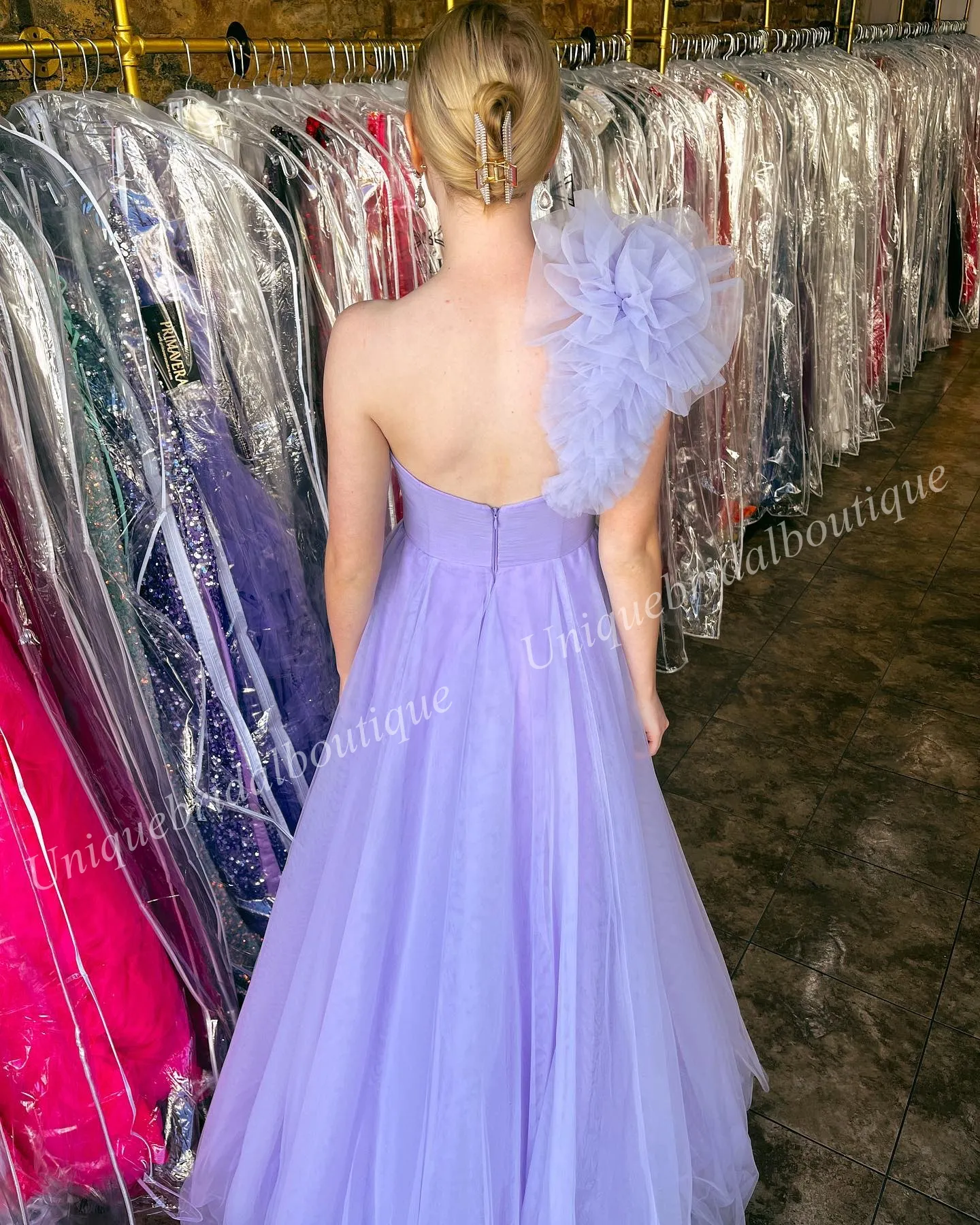 strapless open back dress Hot Pink One Shoulder Rhinestones Pleated Long Prom Dresses main image 1