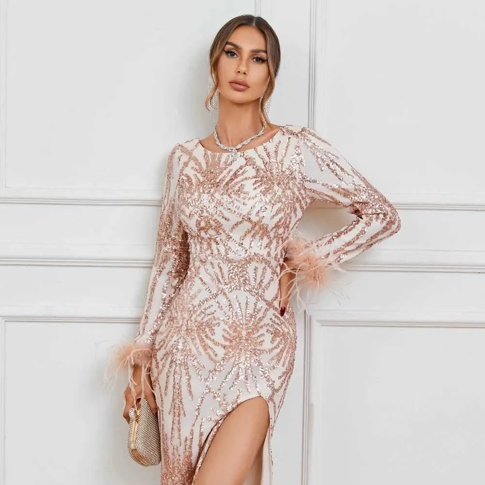 chinese dress ladies Rose Gold Long Sleeve Sequin Dress – Aquarius Brand