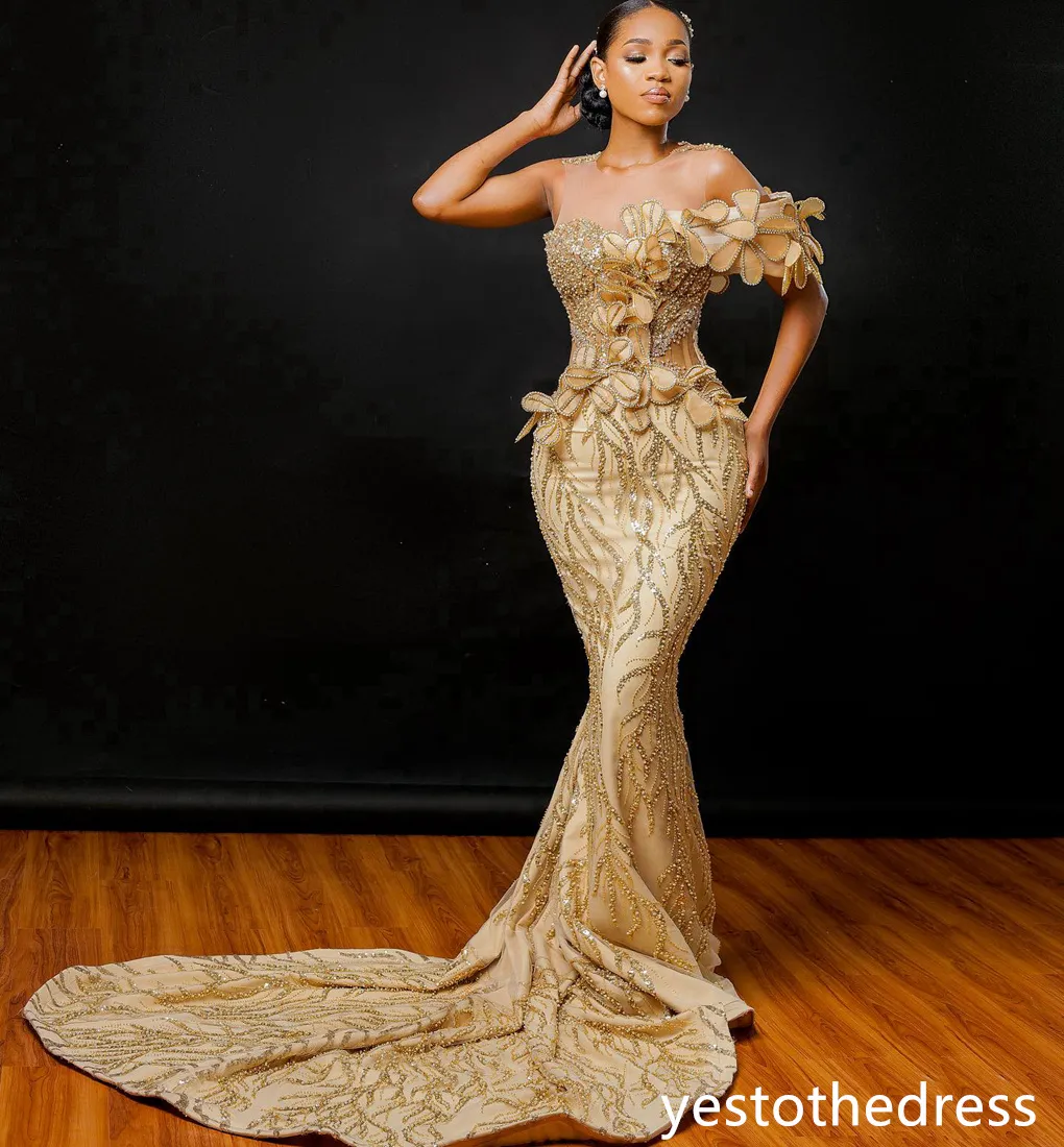 DHgate 2024 Luxurious Gold Prom Dresses for Black Women Promdress Illusion Sheer Neck Beaded Lace Pearls Decorated Hand Made Flowers Birthday Dress Reception Gowns AM753 Wedding Party Events