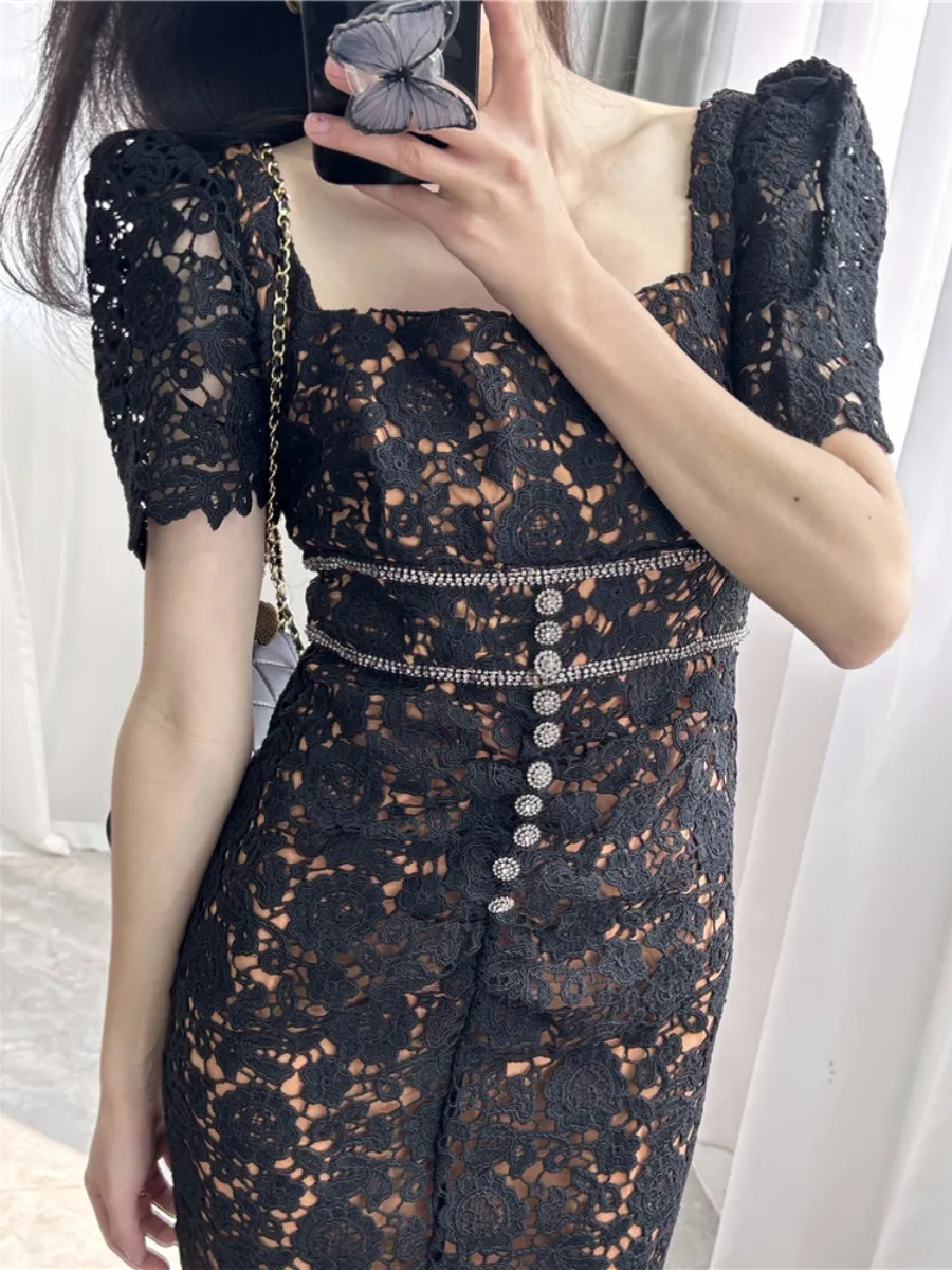 Self Portrait Summer Pure Color Panelled Rhinestone Lace