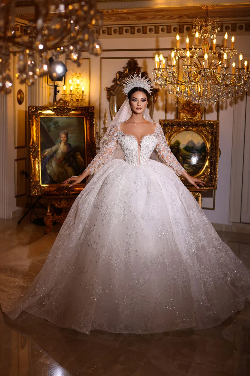 Lace Ball Gown Wedding Dress with Illusion Neck and Long Sleeves Embroidered  with Crystal Beads and Multi-layered Lace from Dhgate Ball Gown Wedding  Dresses