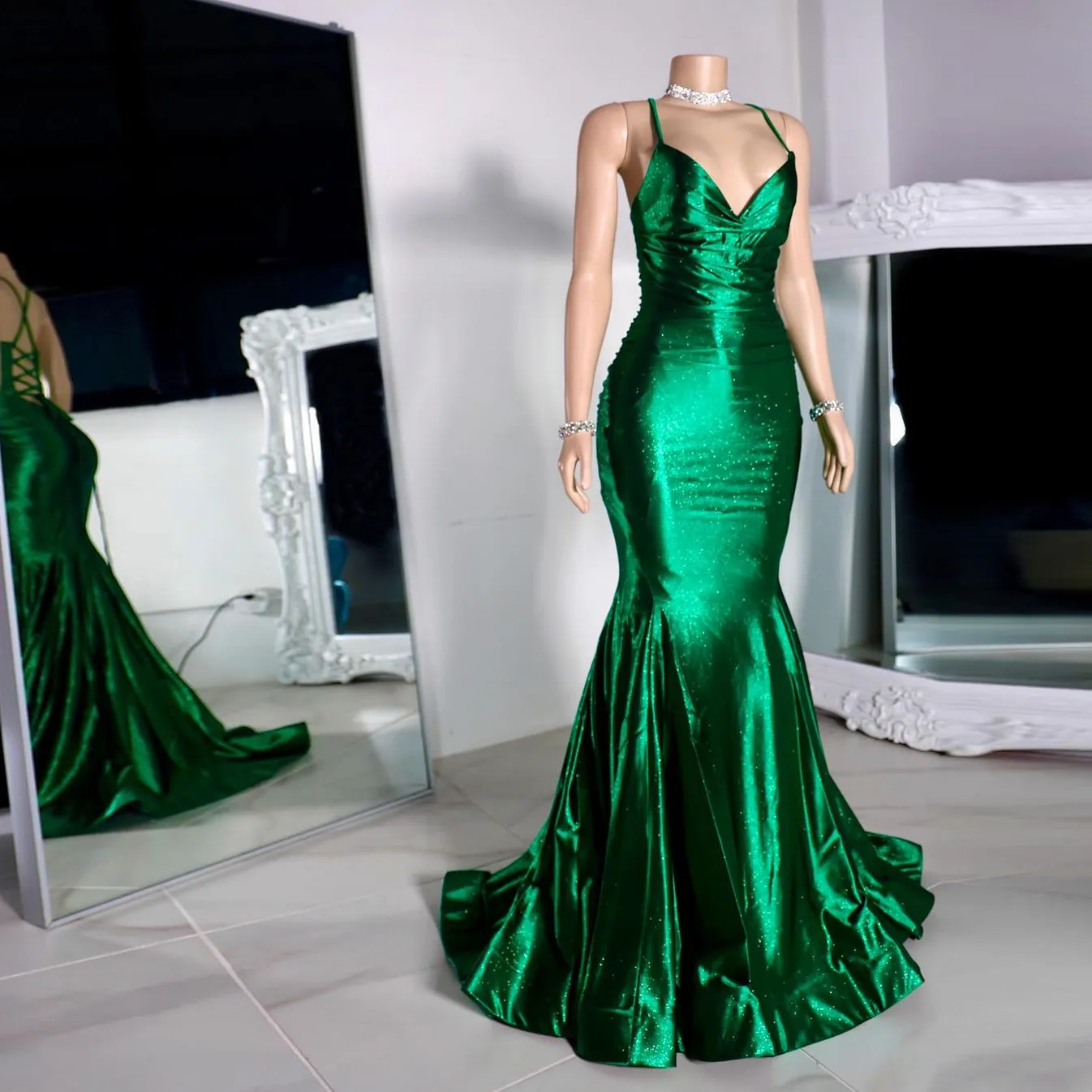 slim fit dress slacks Wedtrend Women Dark Green Prom Dress Mermaid Spaghetti Straps Lace-Up Back Applique Formal Dress with Slit, Dark Green / US14 main image 0