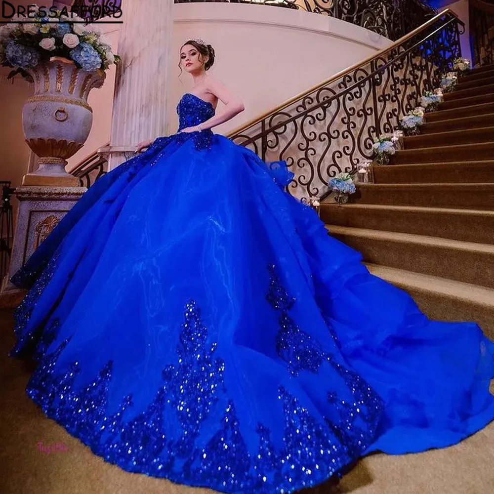 blue court dresses Silver Beaded Royal Blue Court Train Mermaid Sequin Long Prom Dresses –  Ballbella main image 0