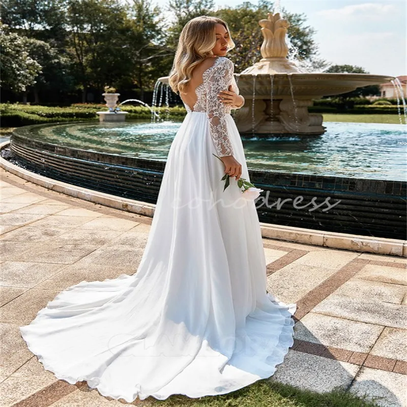 rustic bridal dresses Long Sleeve Rustic Wedding Dresses Lace Appliqued Beach Wedding Dress –  Amzcw Dress