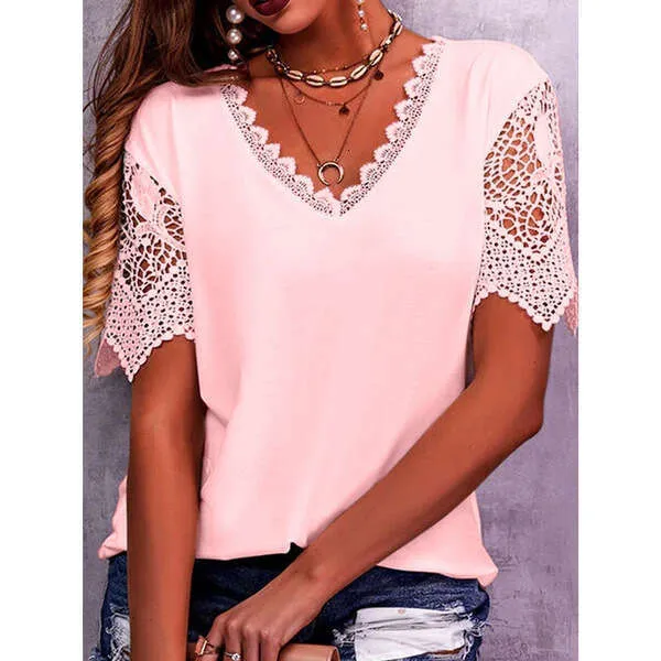 Amoretu Women's V-Neck T-Shirt - Loose Fit Short Sleeve Top, Soft Rayon, Pink, Plus Size 2XL (Check Size Chart)