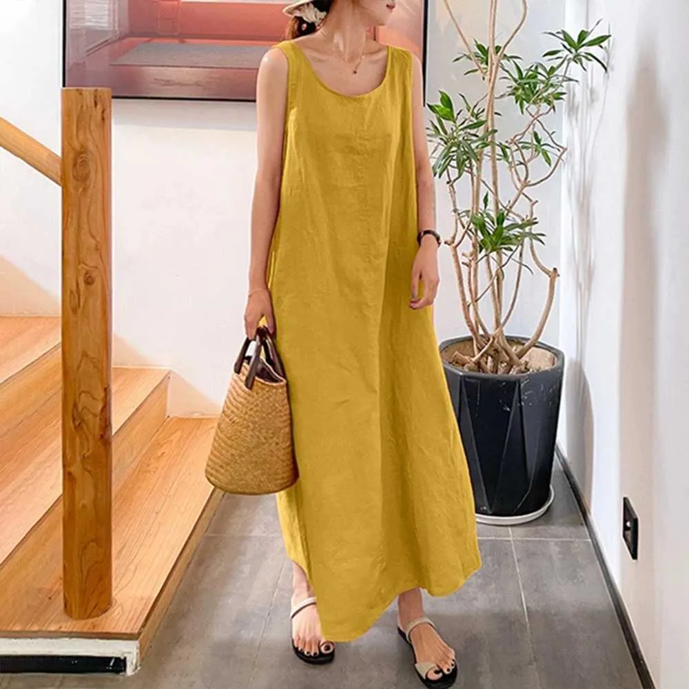 Long Flowy Casual Work Dress Women's Cotton Linen Tank Dress  Loose Fit,  Crew Neck, Side Pockets, Long Flowy Casual Or Work Dress Loose Fit Long  Summer Dress