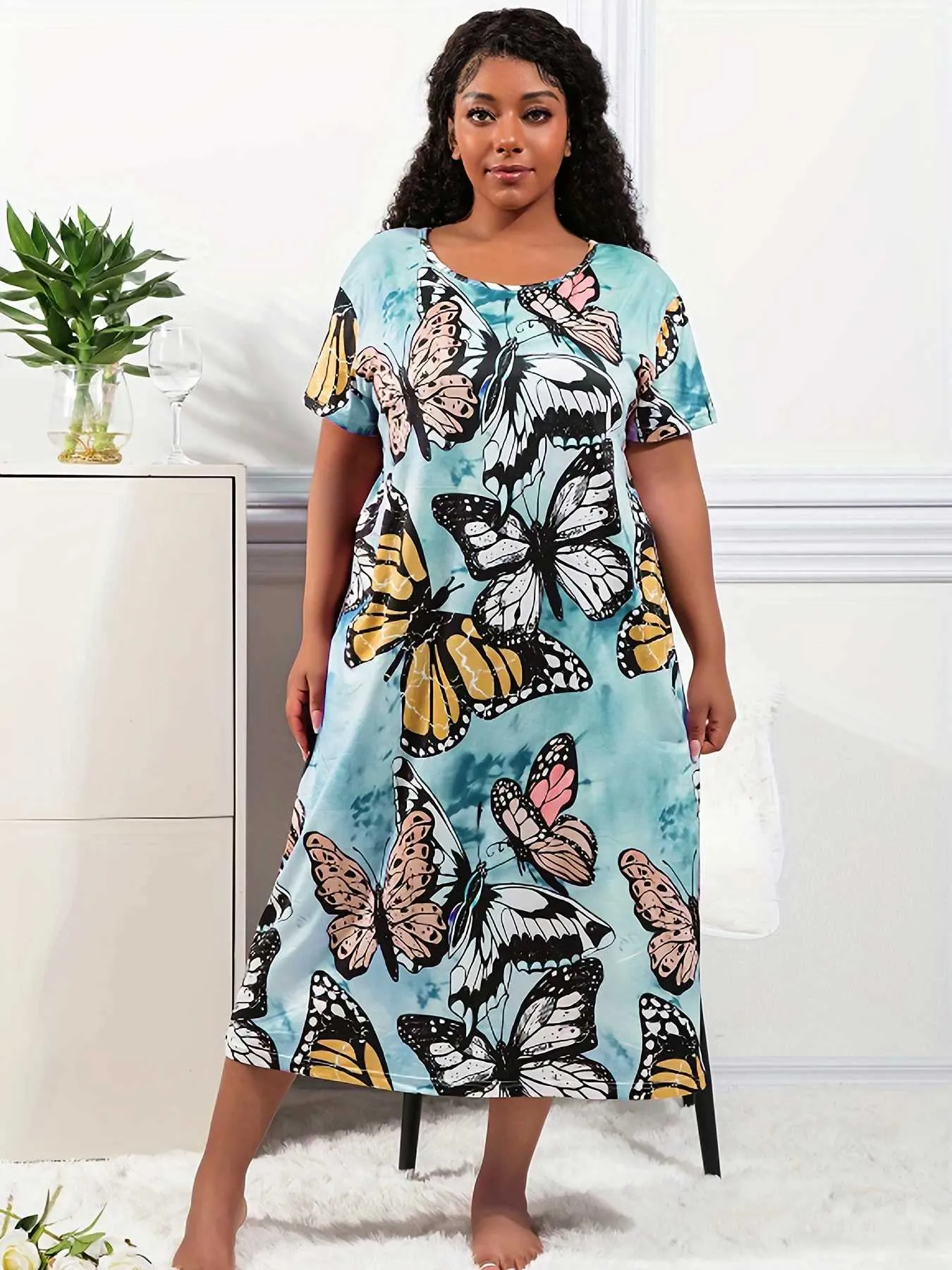 DHgate Plus Size Tie Dye Butterfly Print Short Sleeve Stretchy Loungewear Dress for Women Casual Comfort Y2K Nightdress Apparel