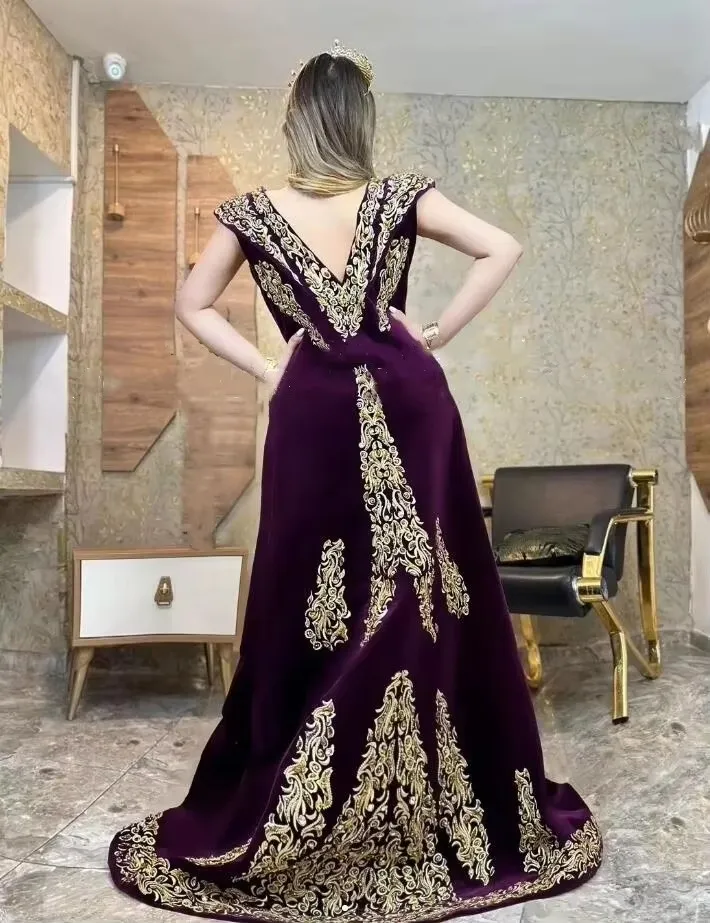 Customizable Elegant Purple short sleeve evening gown with Applique Veet for Arabic Albanian Prom Customizable Elegant Purple short sleeve evening gown with Applique Veet for Arabic Albanian Prom