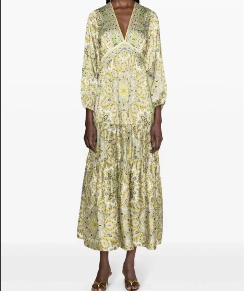 French Elegance 24 Summer New Sandro Print V Neck Long Dress