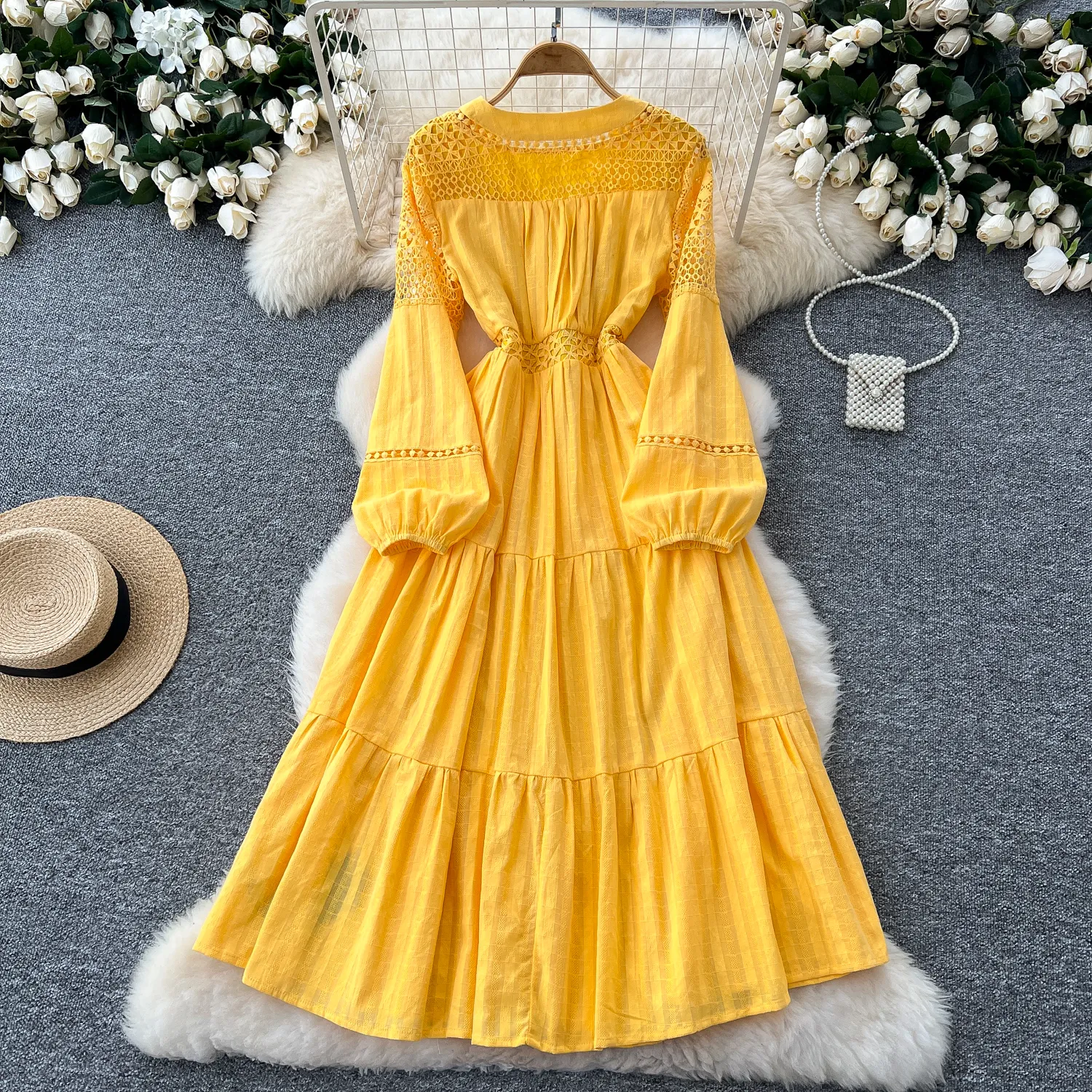 Lantern Sleeve Casual Dresses for Ladies - Elegant Crochet Lace Patchwork  V-Neck Pleated Midi Dress