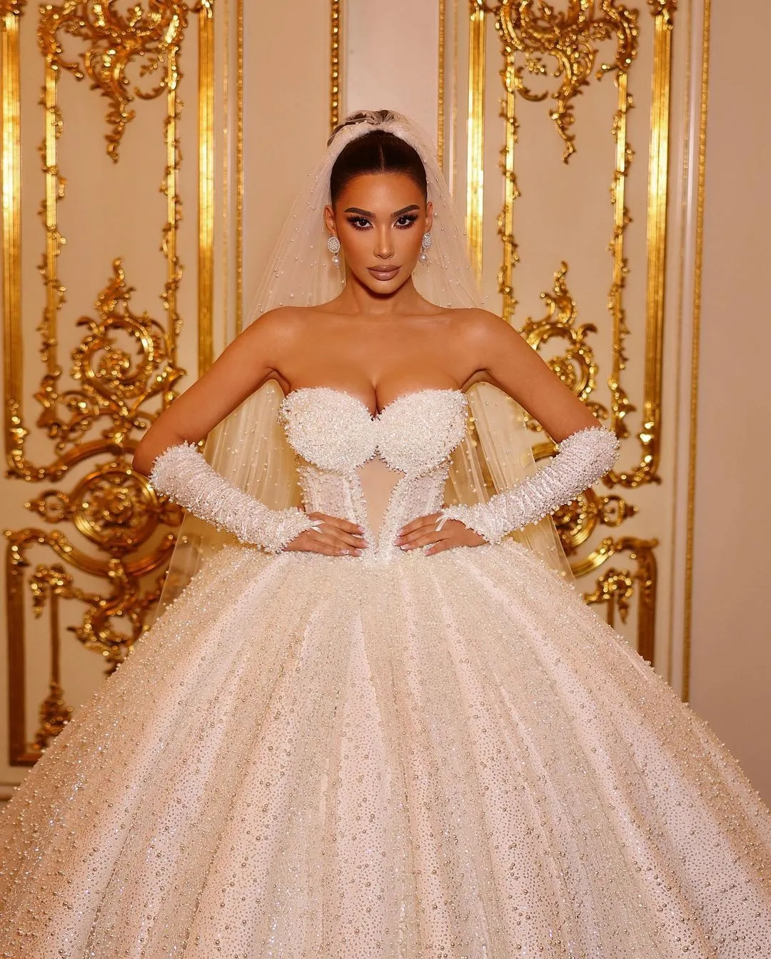 sweetheart neckline beaded wedding dress V Neckline Beaded Wedding Gown with Layered Skirt JB38641