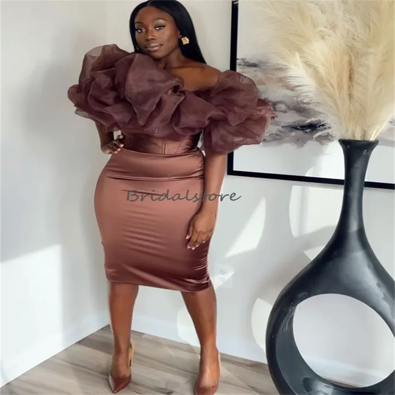 Chic Brown Tan Knee-Length mid length evening dresses with Organza Ruffles for Girls - Perfect for Prom, Graduation, Cocktail Parties and Elegant