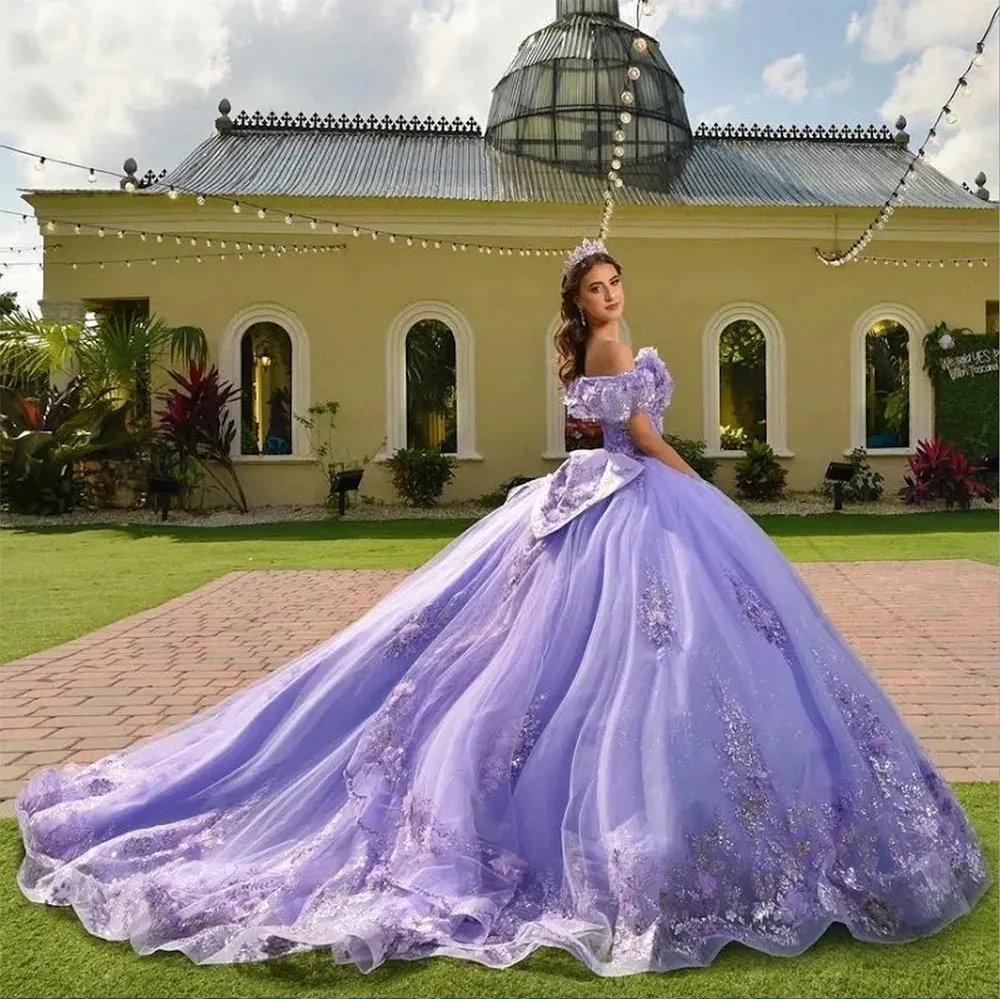 Lavender Quinceanera Dresses with Bow Applique Vestidos de 15 Anos Tulle Lace Beading Mexican Girls Birthday Gowns