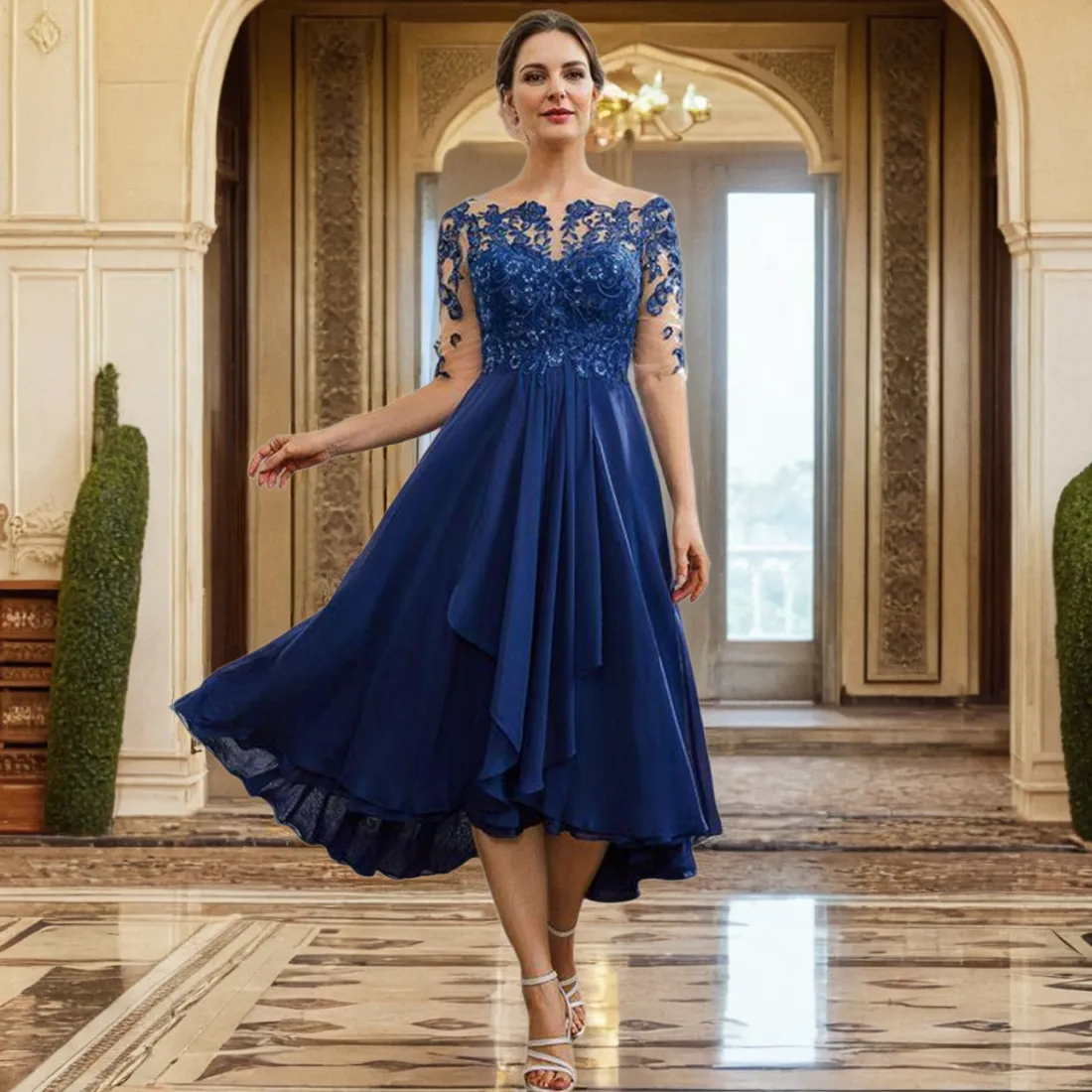 Elegant Mother Of The Bride Dresses Royal Blue Lace Gown Sheer Neck ...