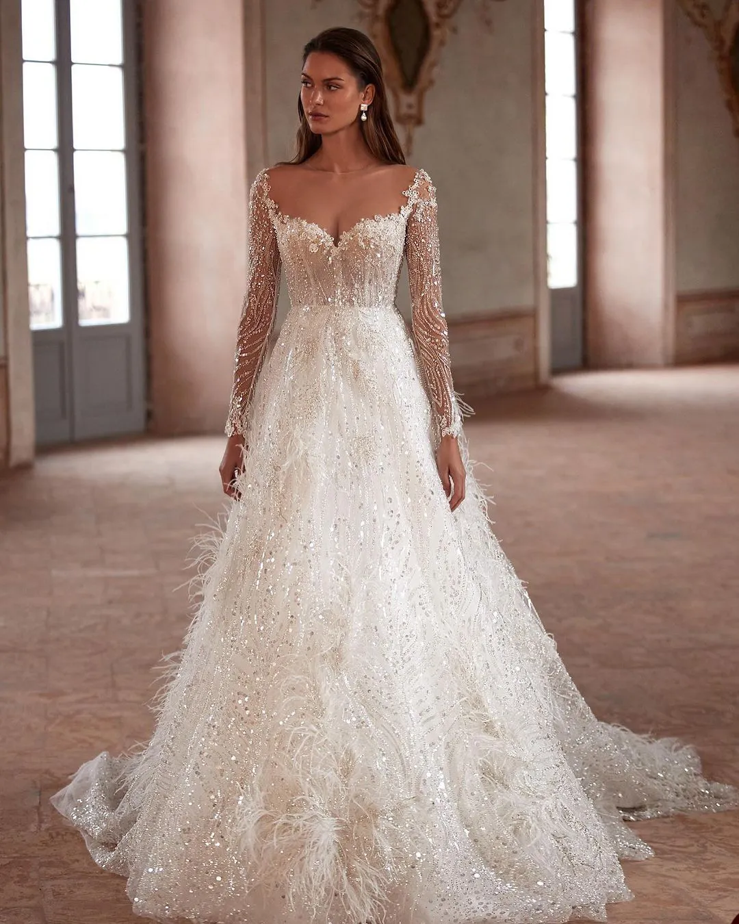 Custom-Made Sheer Neck Sequin Feather Long Sleeve Bridal Dress with Long Sleeves and Sweep Train