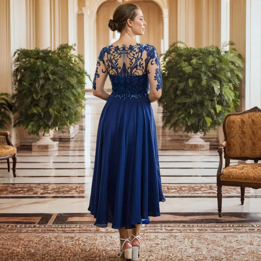 Royal Blue of the Bride Gown with Sheer Neckline, Half Sleeves, french beaded flowers Sequins, and Lace - Perfect Wedding Guest Outfit (AMM059)
