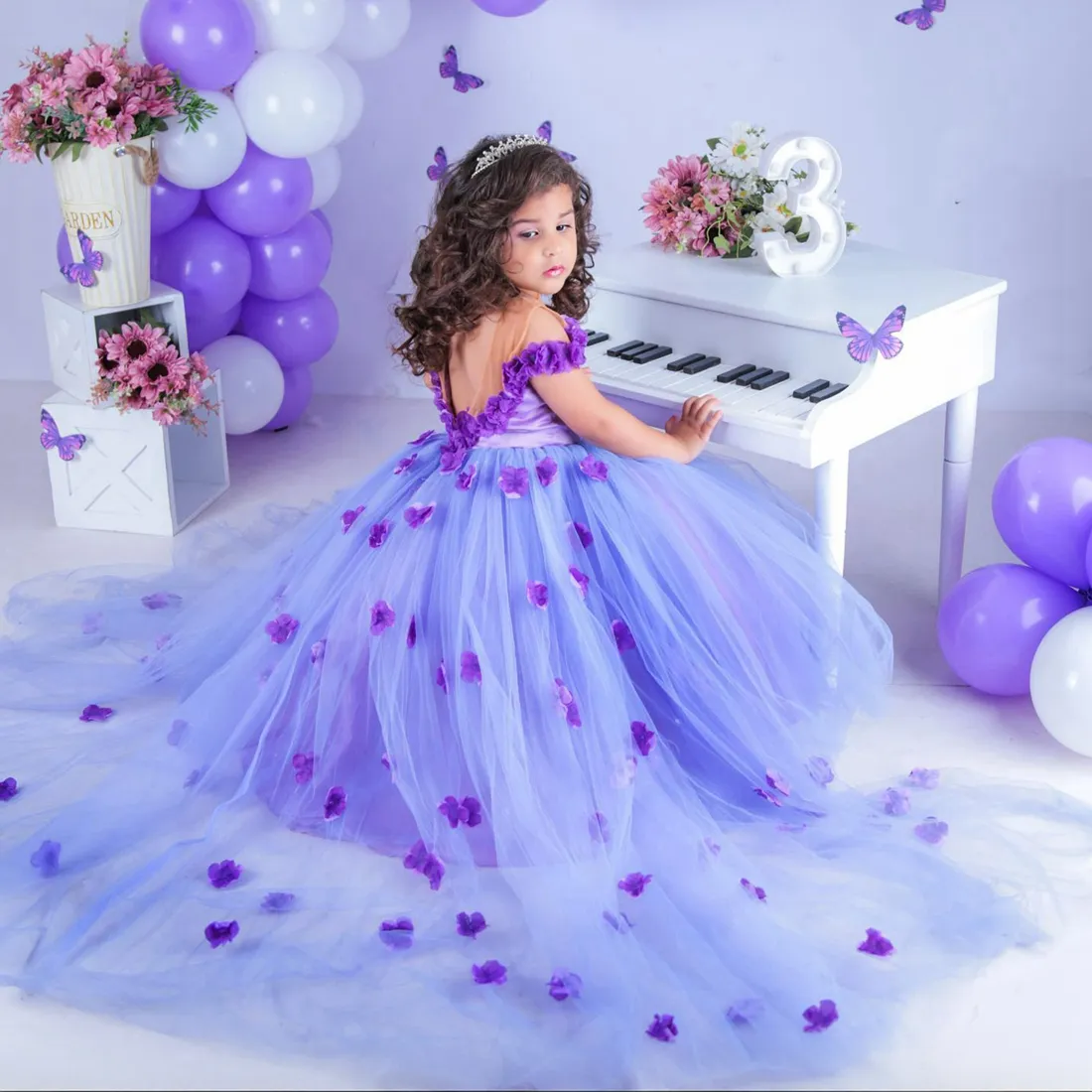 Shiny Toddler Girls Birthday Dress – Embroidered Diamonds & Ruffled Flowers | Adjustable Tie Back