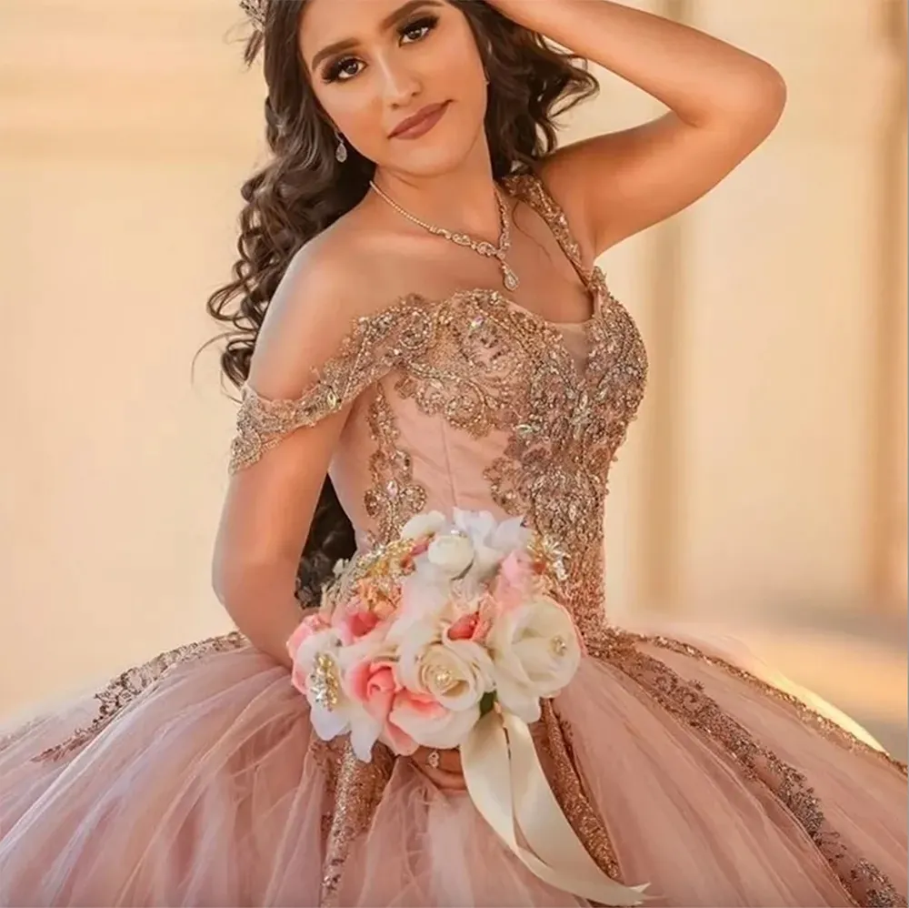pastel pink quince dress Dusty Pink Quinceanera Dresses Rose Gold Sequin... From Veralove999, $128.34