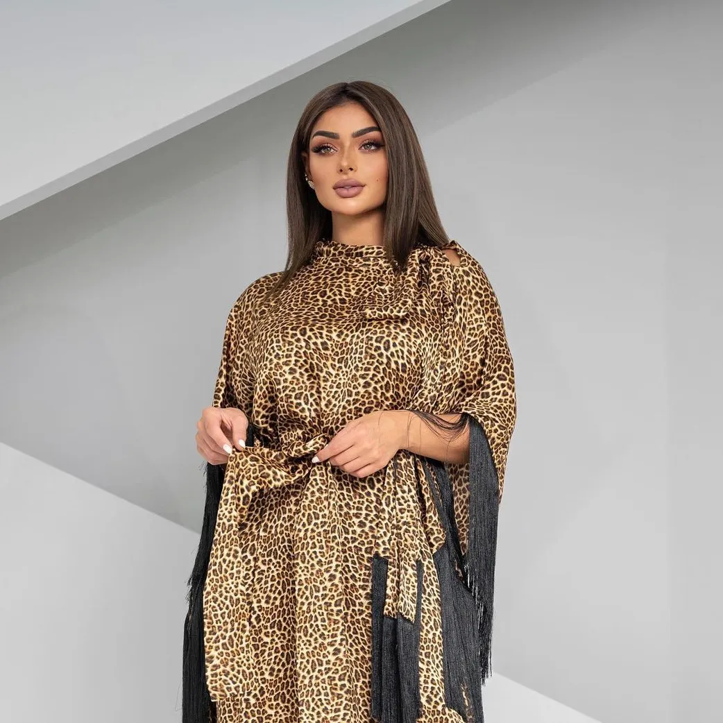 Evening Leopard Print Kaftan Dress with Tassels Bat Sleeves and Belt