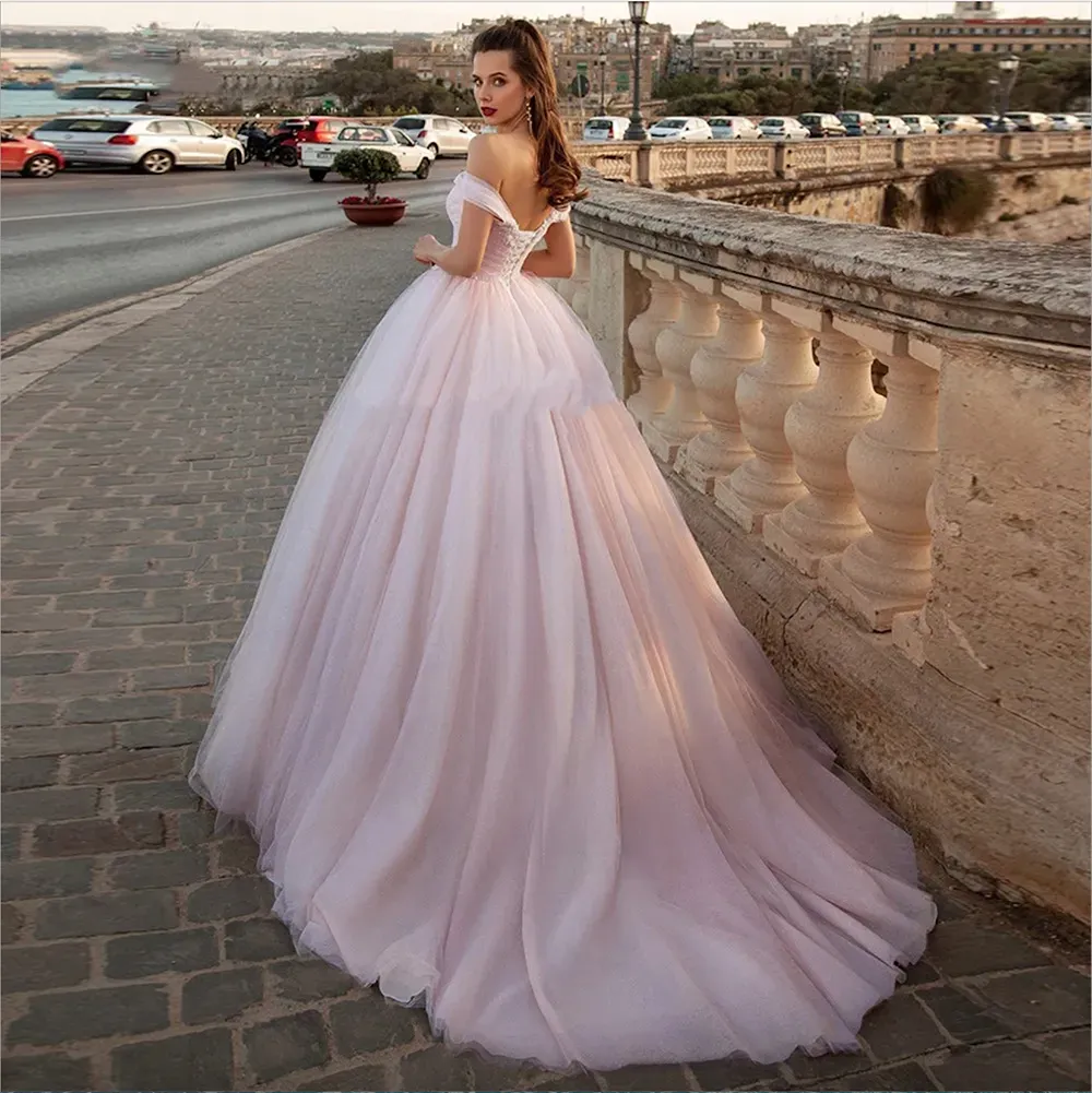 Colorful Pink Off-Shoulder Princess Ball deep v wedding dress with Ruched Tulle Skirt and Corset Back