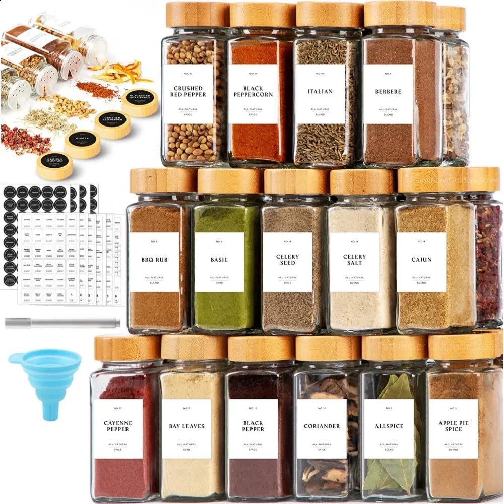 Save Big on Bulk Glass Spice Jars With Bamboo Lids Spice Containers Glass:  Square Glass Spice Jars With Lids Premium Seasoning Containers, Kitchen