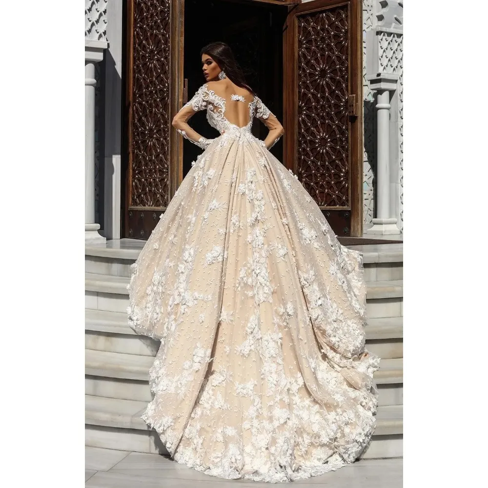 Stunningbride 2024 Arabic Vintage Wedding champagne Wedding dress with 3D Flowers, Scoop Neck, Lace Long Sleeves, and Plus Size Bridal Gown